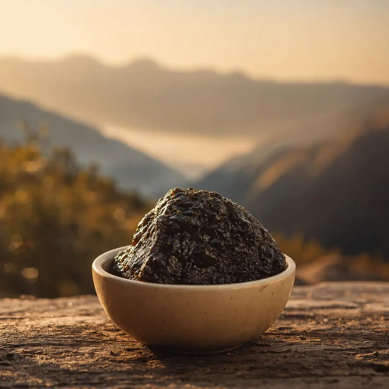 Pure Shilajit resin in natural mountain light